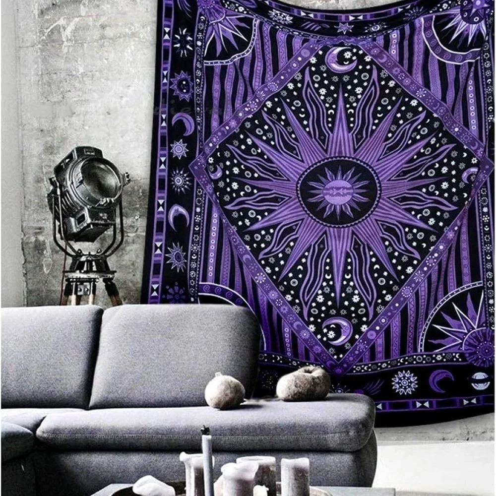 Twin Size Star Sun Purple Boho Style Wall Bed Decor Cotton Tapestry NEW